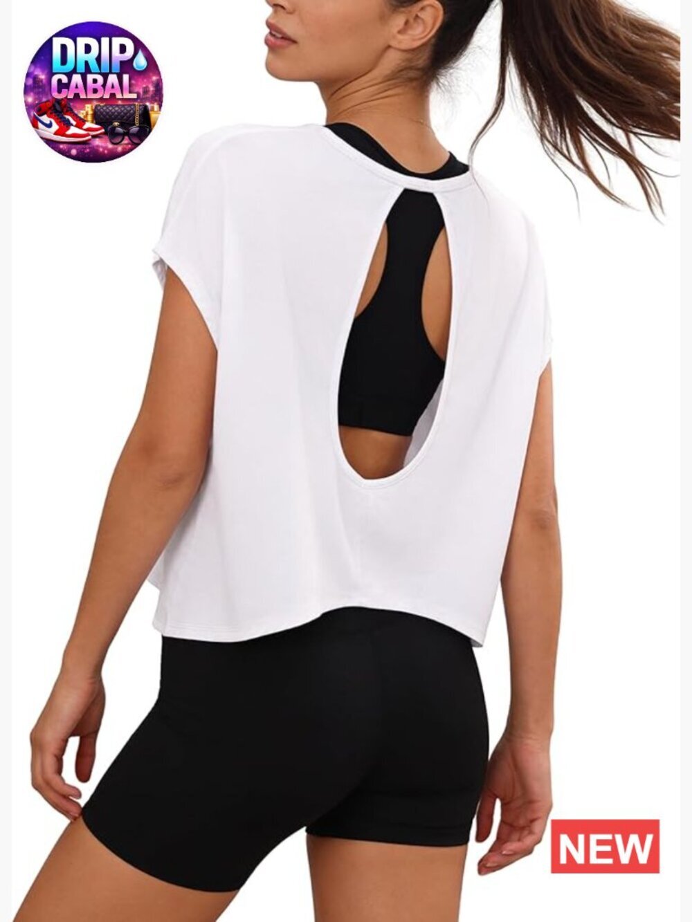 Open Back Crop Top Workout T-Shirt Loose Fit Short Sleeve Athletic Tee